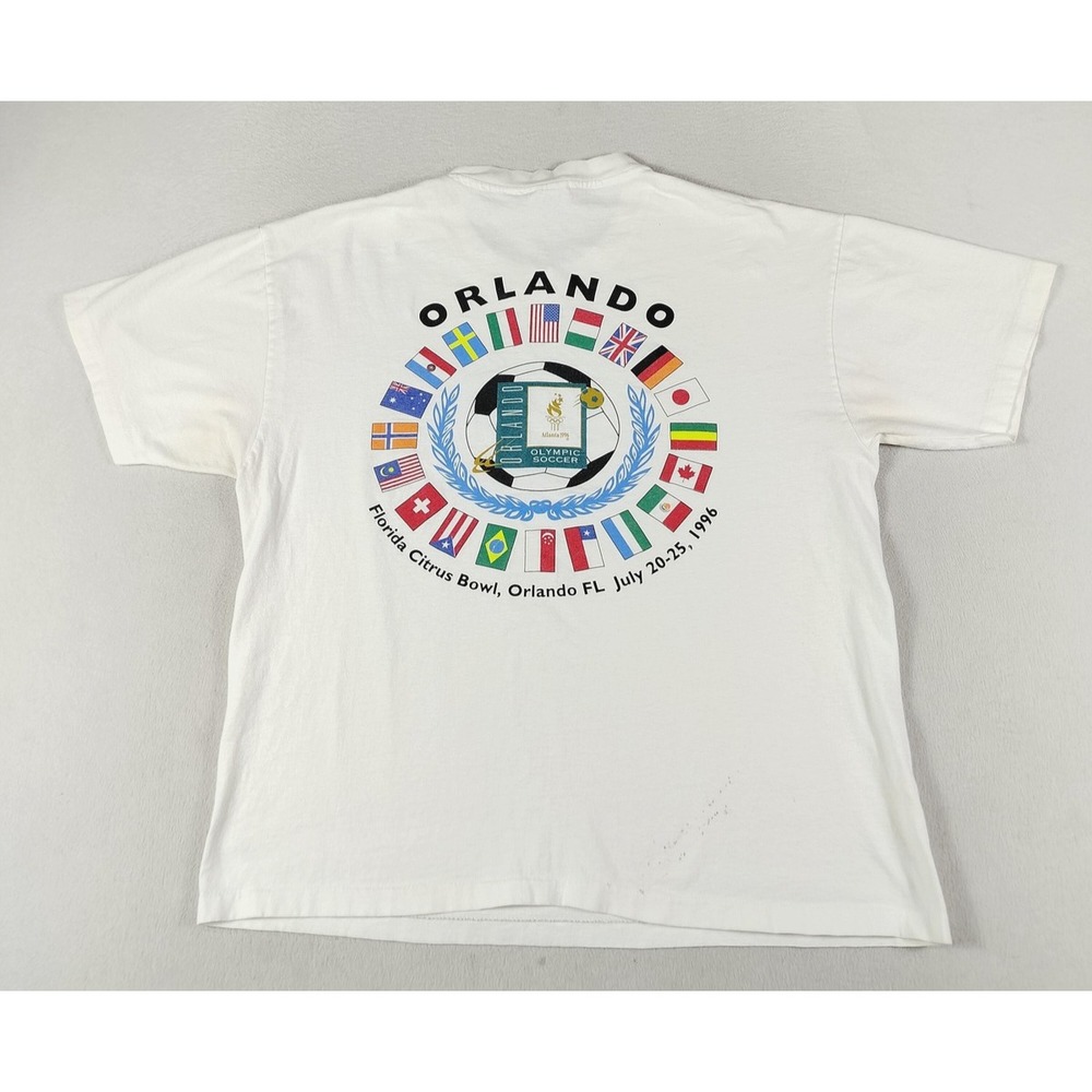 Vintage Hanes Shirt Mens XL White Orlando Olympic Soccer Flags 1996 Graphic